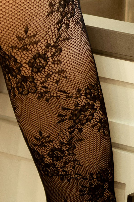 MIDNIGHT FLORAL MESH TIGHTS BLACK
